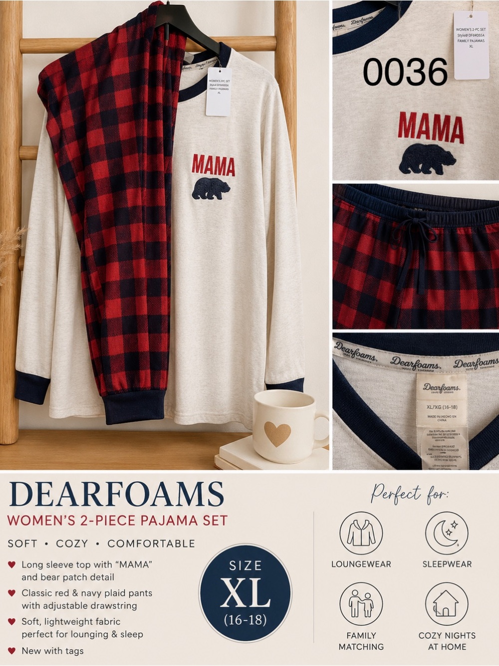 dearfoams Cream 'MAMA' Top with Red & Navy Plaid Pants Kids Pajama Set